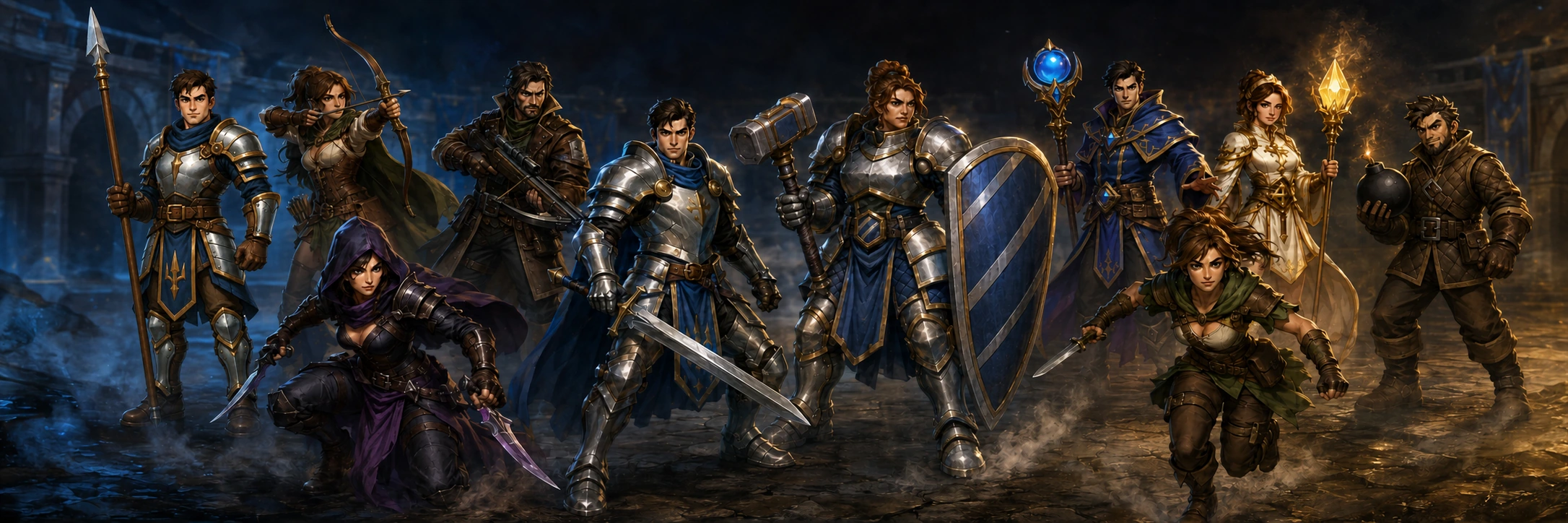 All ten Botleague fighters together in the arena: Spearman, Archer, Sniper, Assassin, Knight, Tank, Mage, Scout, Healer and Bomber.